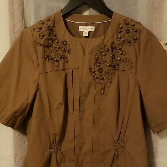 Coldwater Creek Beaded Safari Jacket Size 14 Light Open Front Tan Cotton NWT - Picture 2 of 12